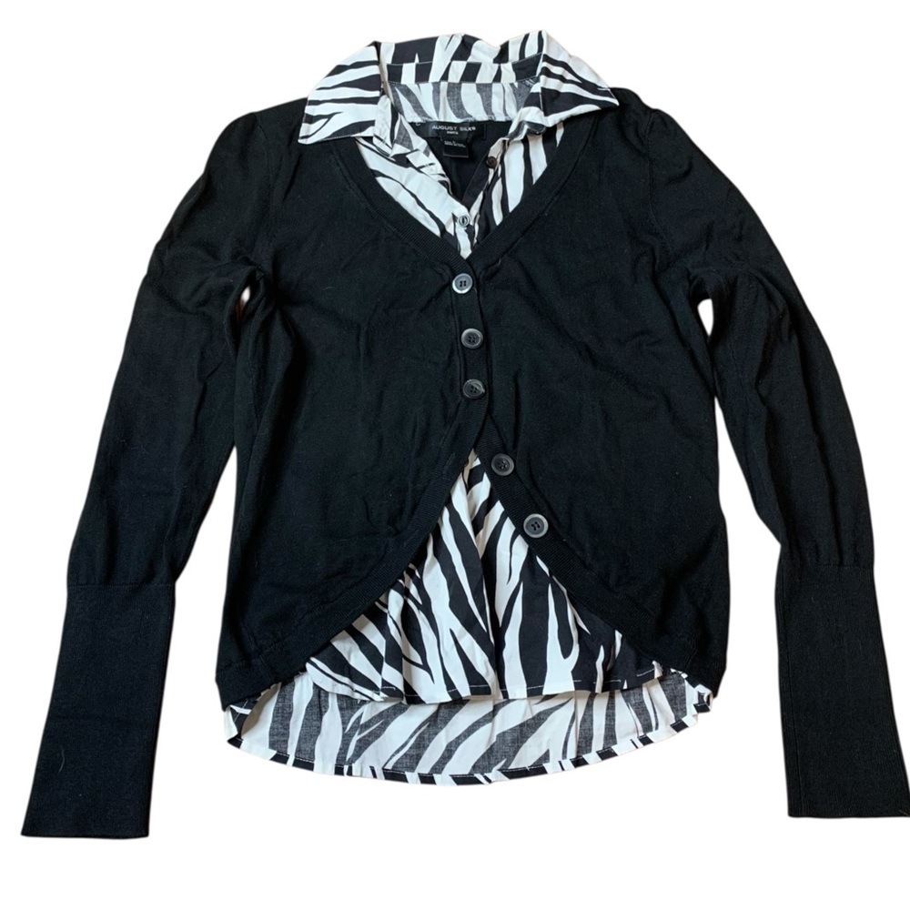 August Silk Knits Zebra Cardigan Combo Top | Layered Sweater Blouse Set L